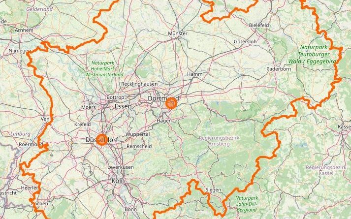 Landkarte mit Grenzen des Landes Nordrhein-Westfalen