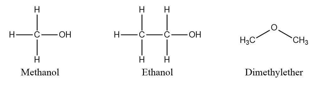 Strukturformeln von Methanol, Ethanol und Dimethylether
